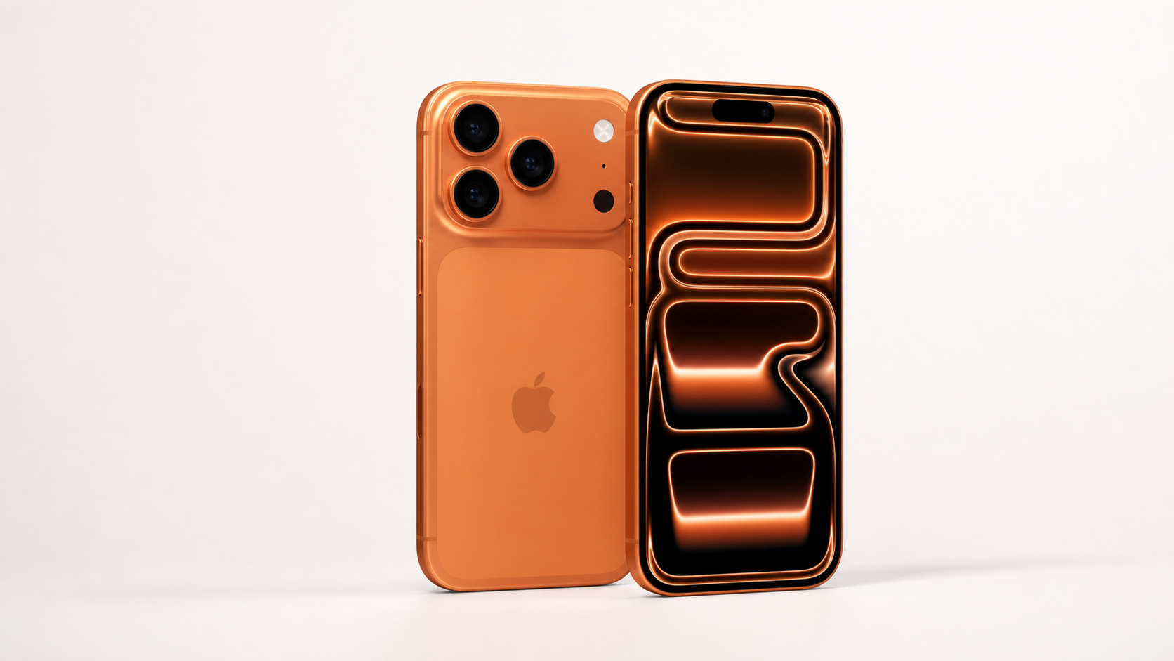 宇宙橙色 iPhone 17 Pro 正面與背面產品渲染
